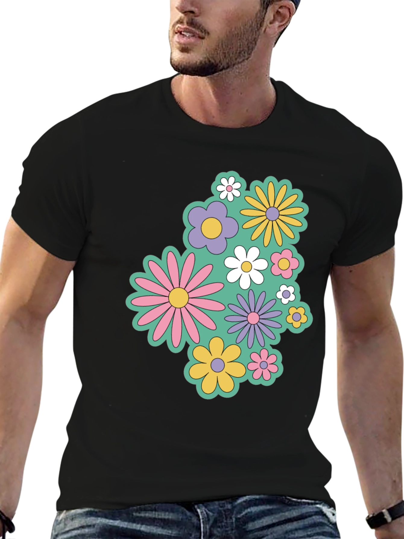 Retro Floral Graphic Black T-Shirt