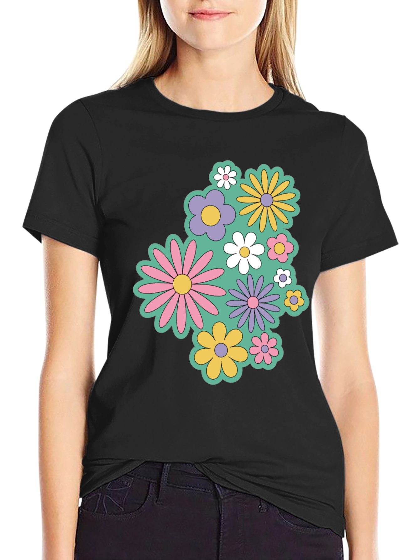 Retro Floral Graphic Black T-Shirt