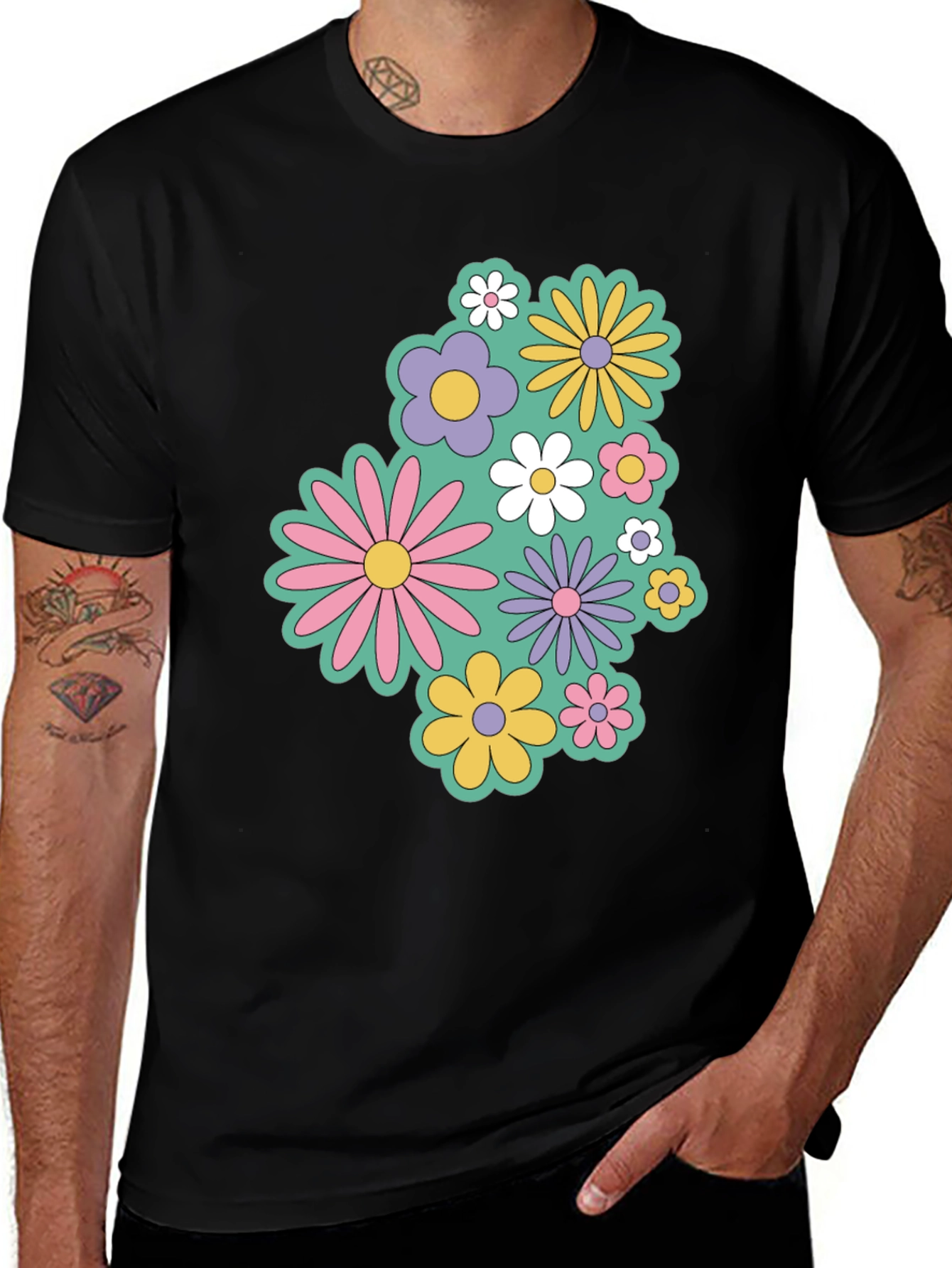 Retro Floral Graphic Black T-Shirt