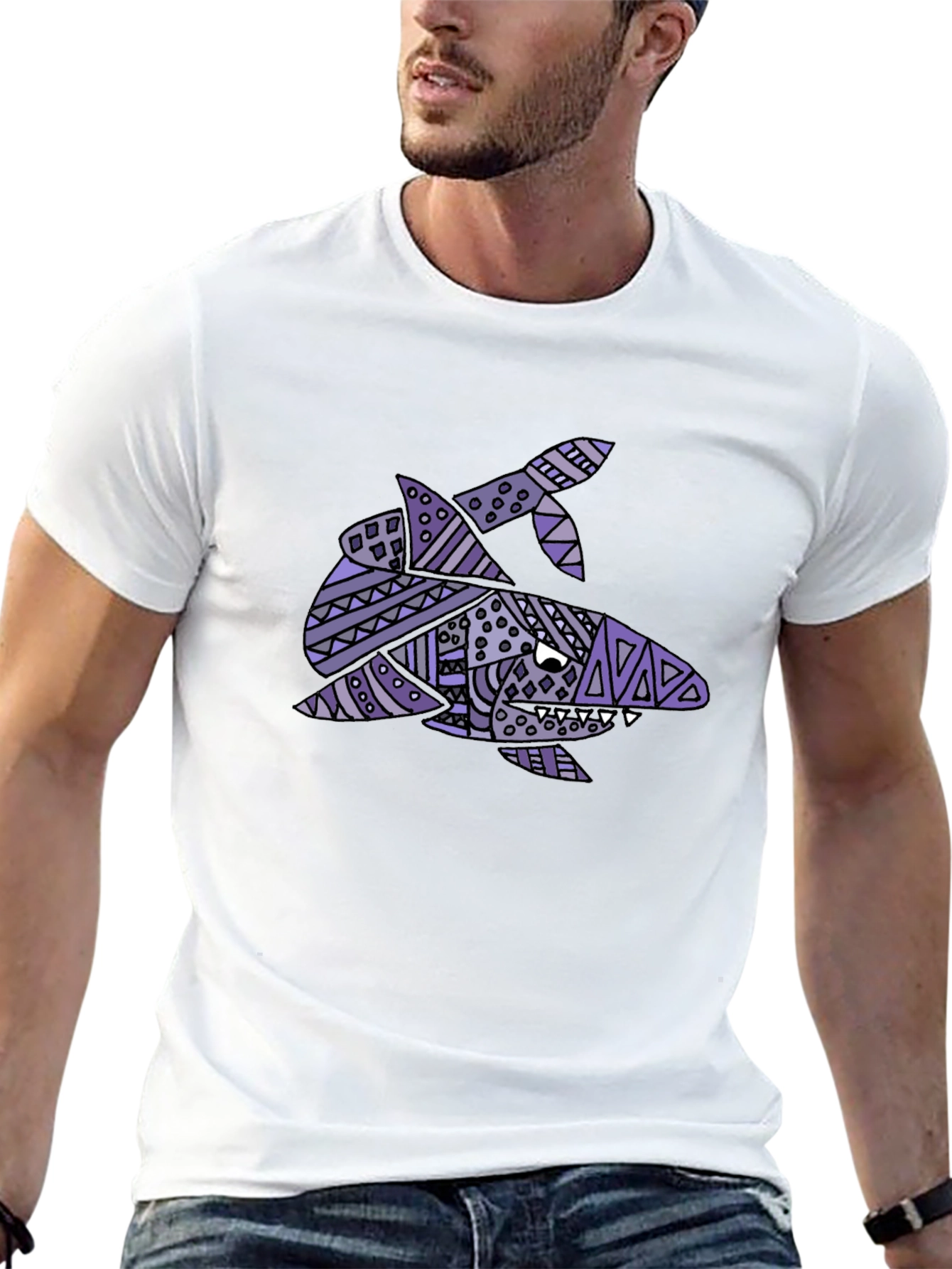 Tribal Shark Graphic Tee - Black Cotton T-Shirt