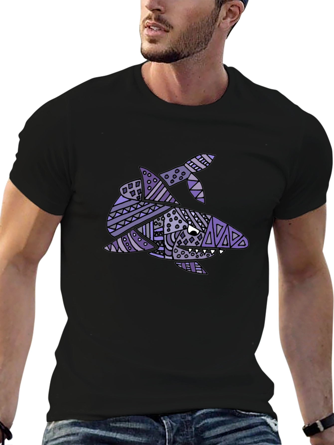 Tribal Shark Graphic Tee - Black Cotton T-Shirt