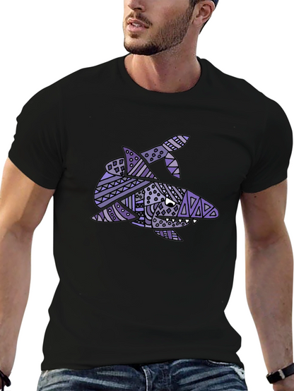 Tribal Shark Graphic Tee - Black Cotton T-Shirt