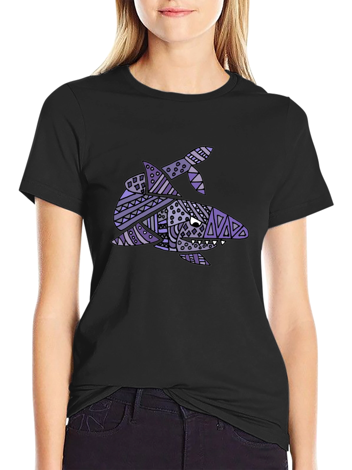 Tribal Shark Graphic Tee - Black Cotton T-Shirt