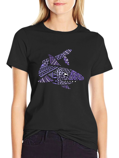 Tribal Shark Graphic Tee - Black Cotton T-Shirt