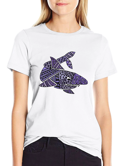 Tribal Shark Graphic Tee - Black Cotton T-Shirt