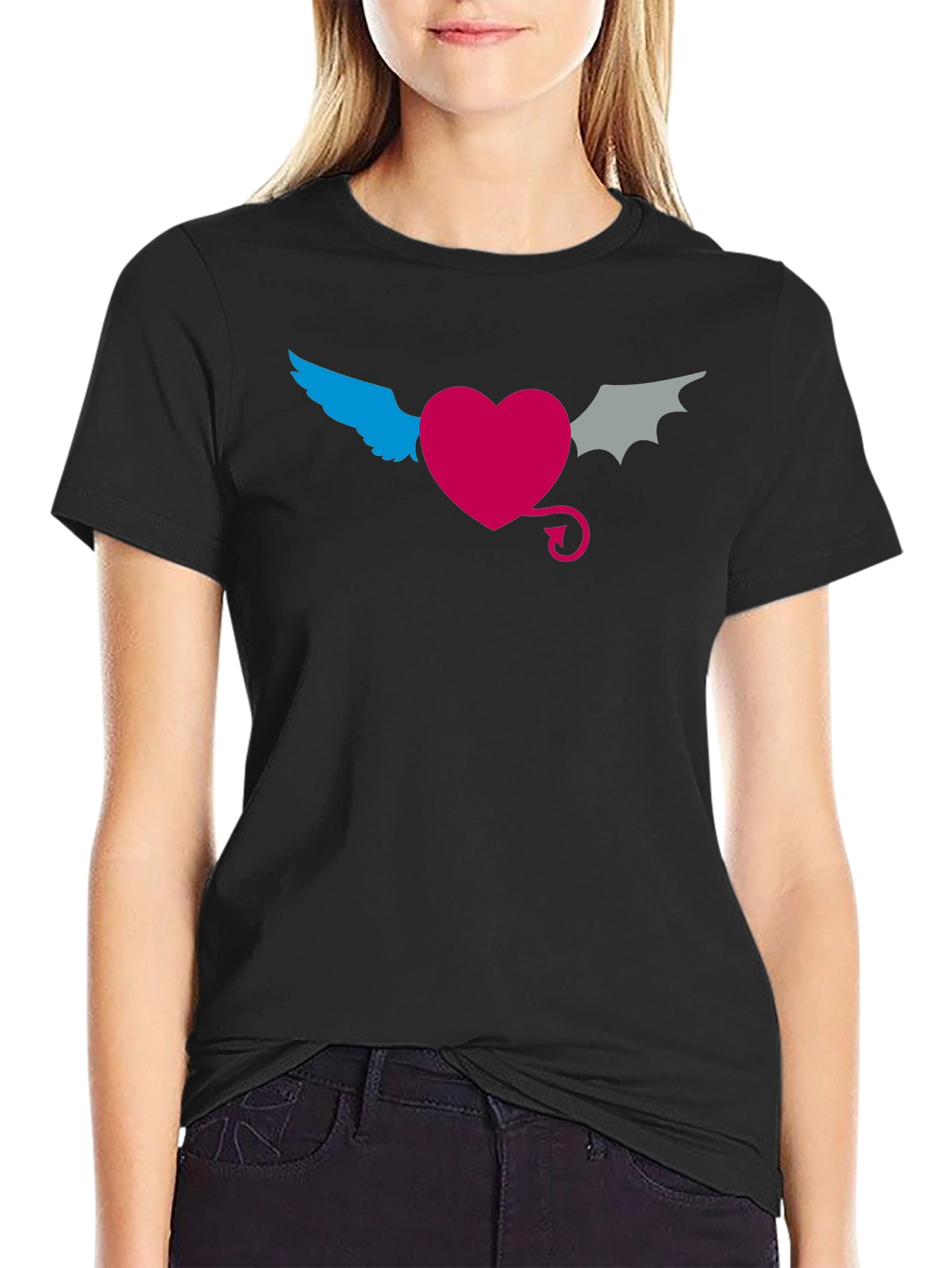 Angel Devil Heart Tee - Black Cotton T-Shirt