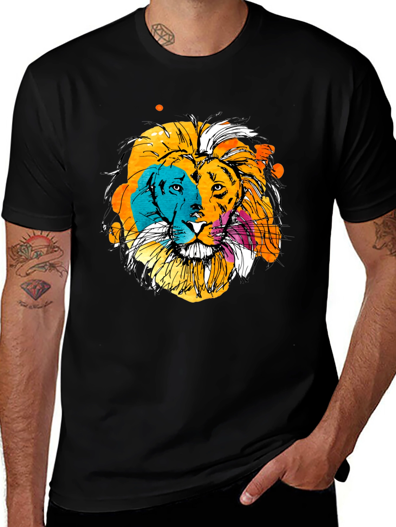 Vibrant Lion Graphic Print Black T-Shirt
