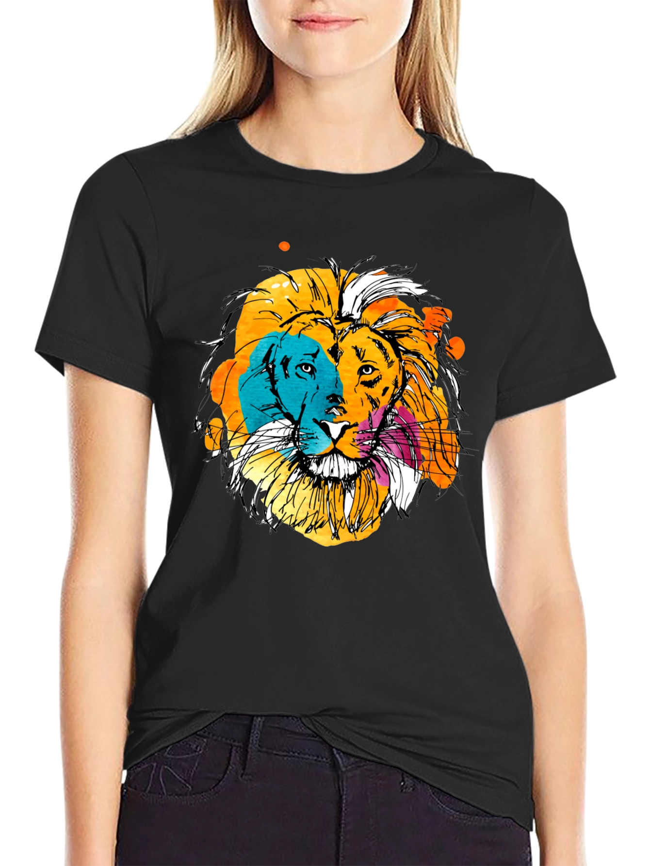 Vibrant Lion Graphic Print Black T-Shirt