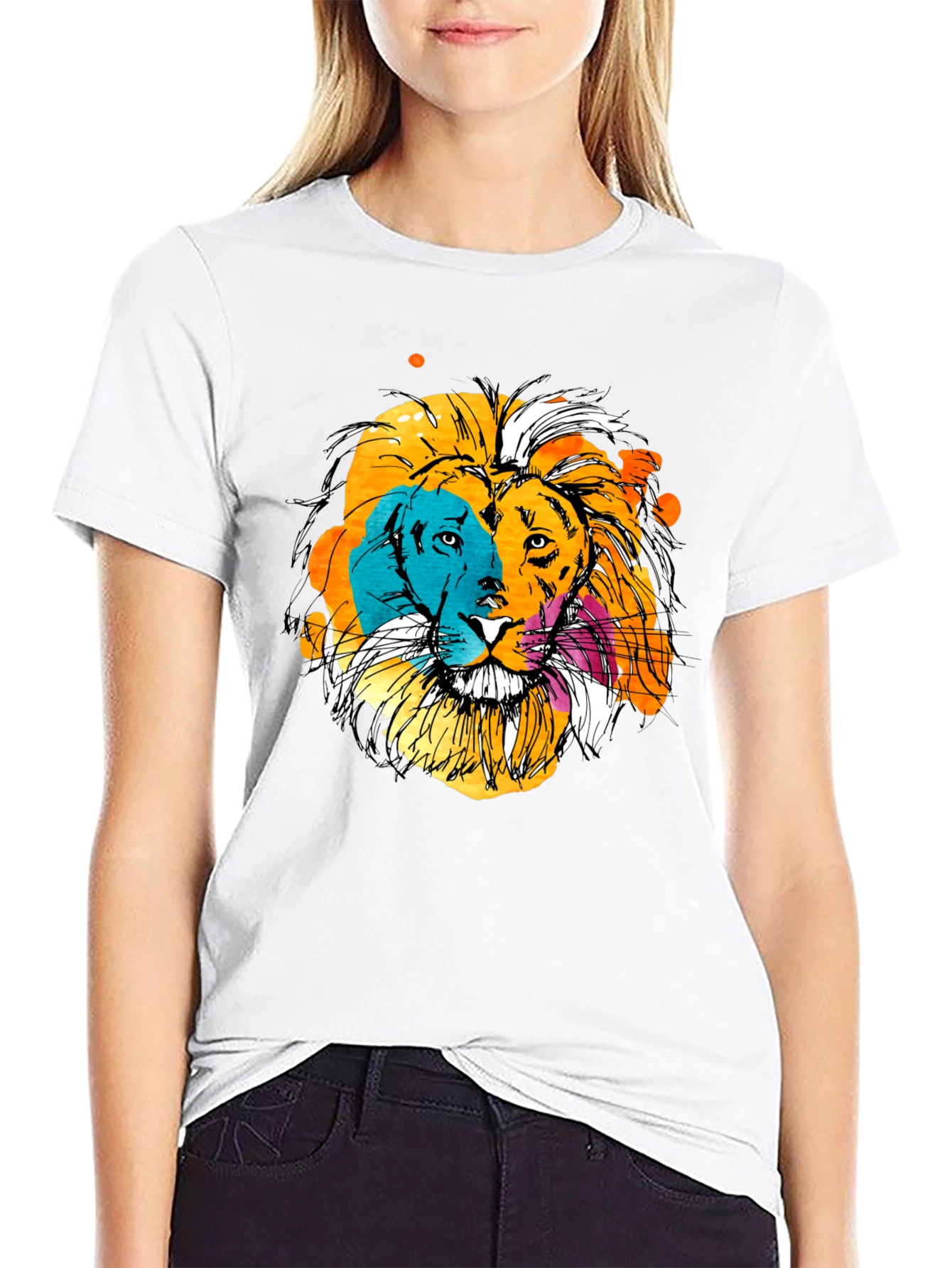 Vibrant Lion Graphic Print Black T-Shirt