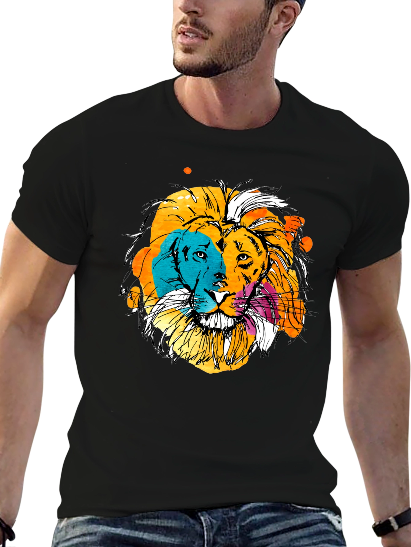 Vibrant Lion Graphic Print Black T-Shirt