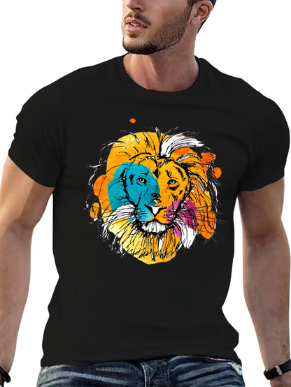 Vibrant Lion Graphic Print Black T-Shirt