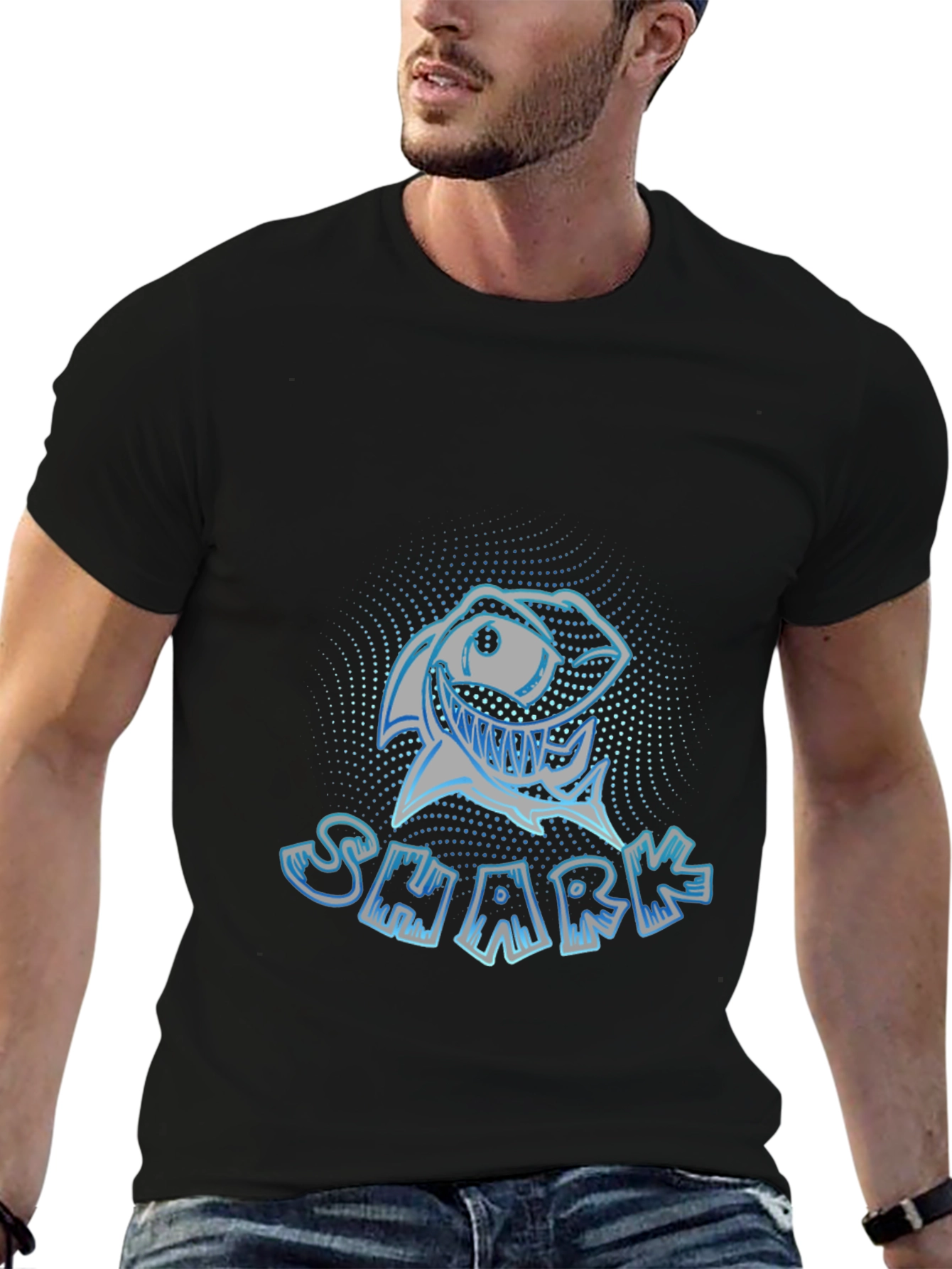 Mens Black Graphic T-Shirt - Shark Design