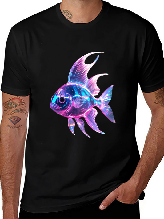 Neon Fish Graphic Print Black T-Shirt