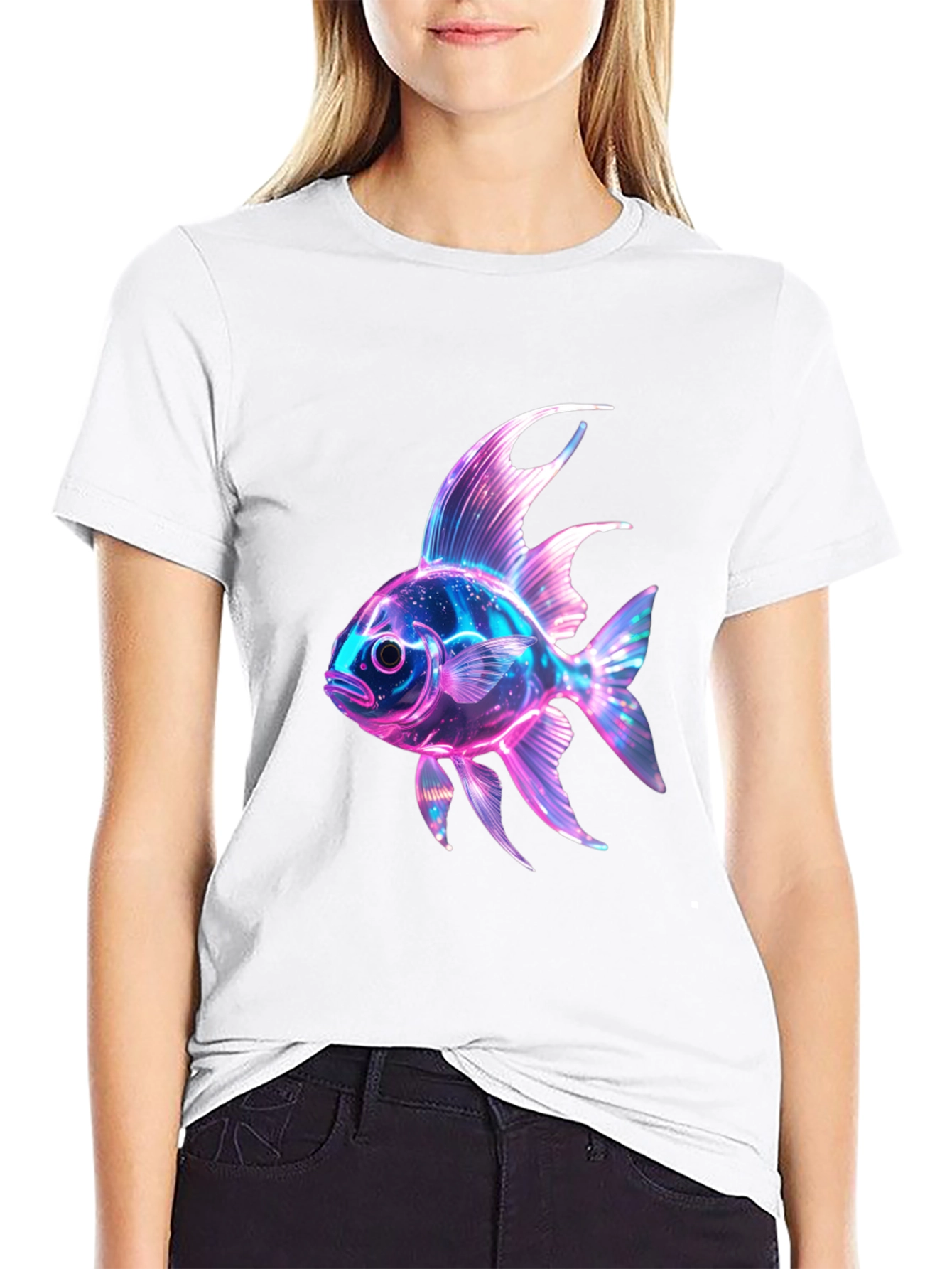 Neon Fish Graphic Print Black T-Shirt