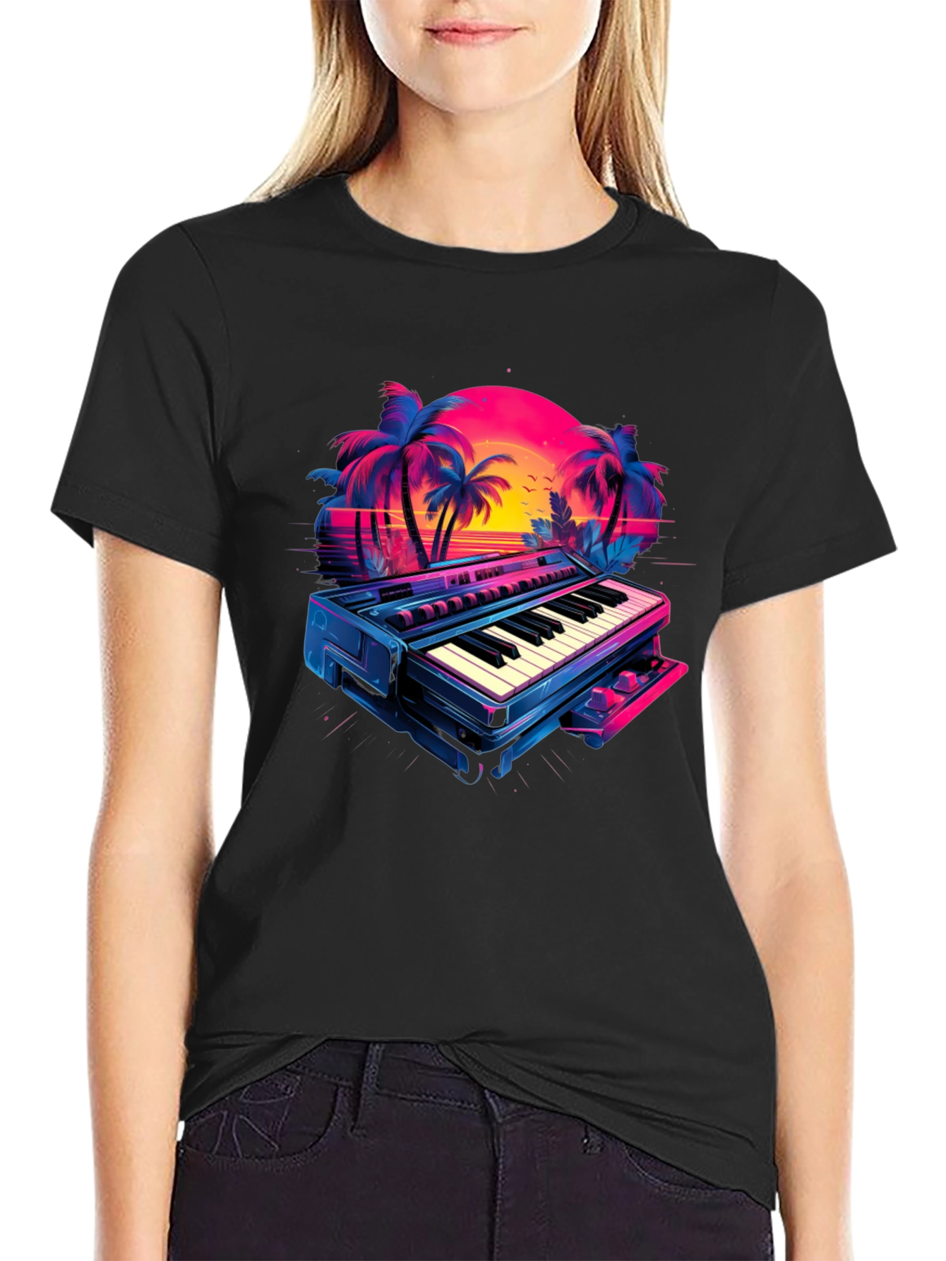 Retro Synthwave Piano T-Shirt - 80s Music Vibes