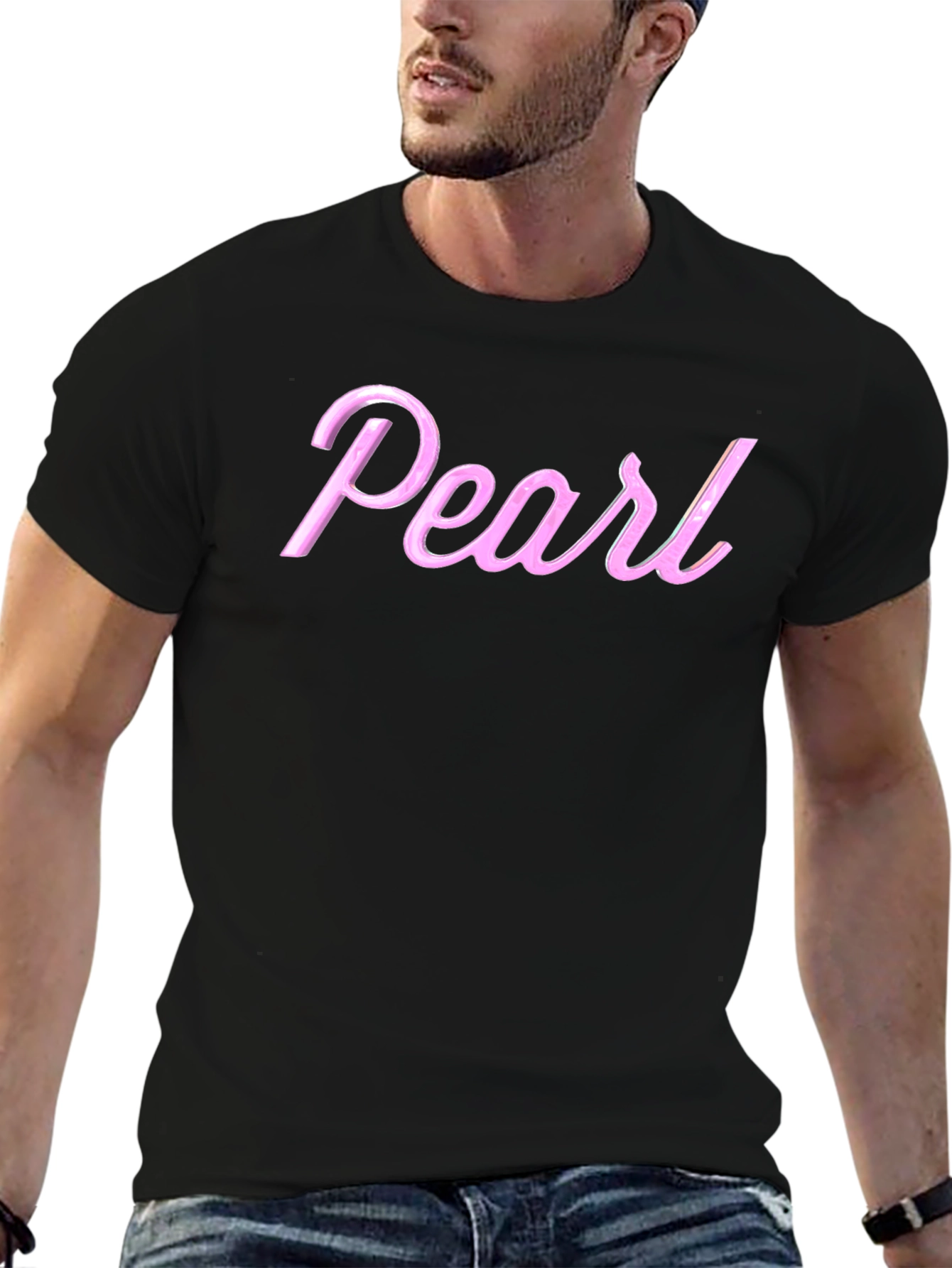 Pearl Pink Letter Graphic Black T-Shirt