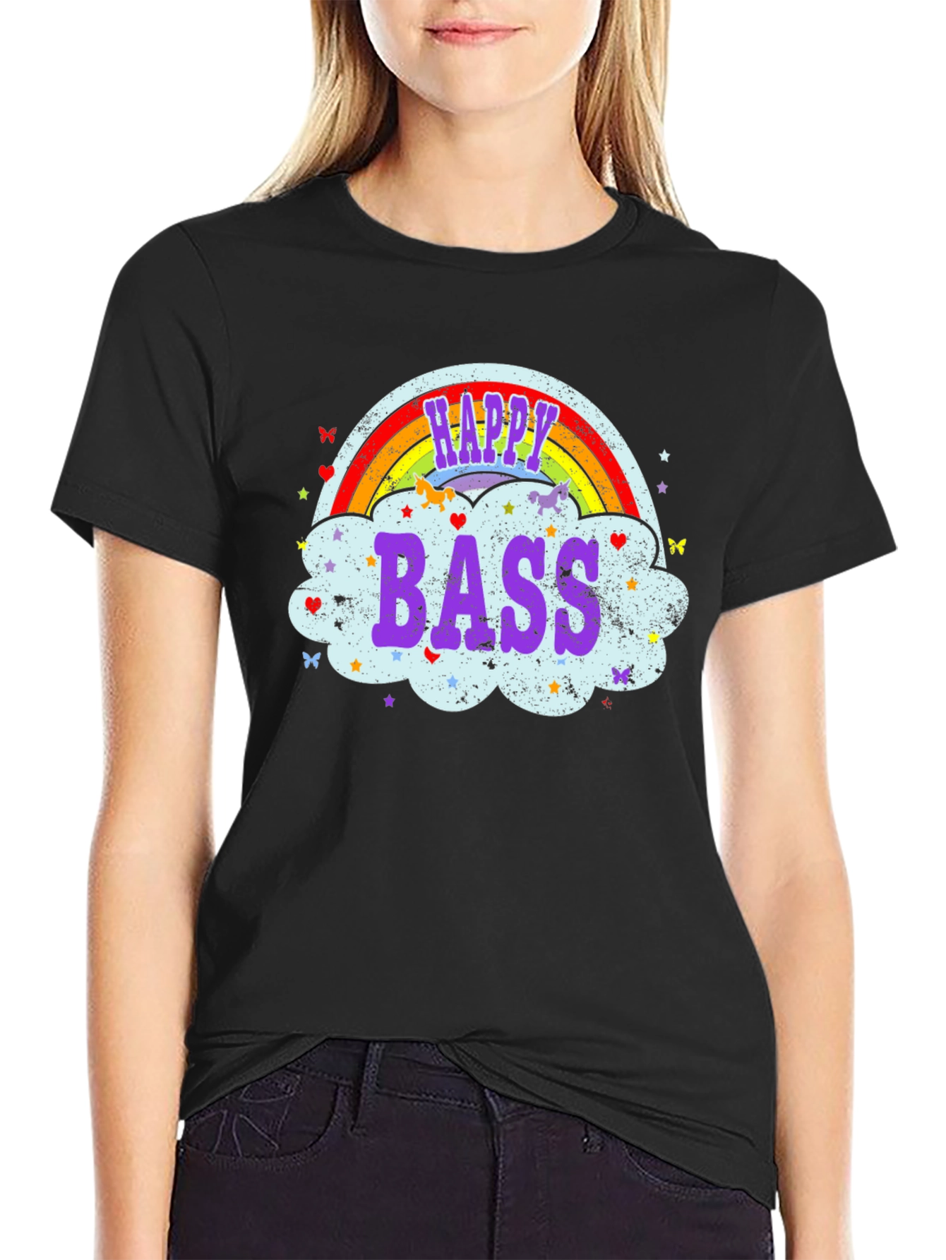 Happy Bass Rainbow Cloud Graphic T-Shirt