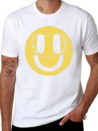 Retro Smiley Face Headphones Black T-Shirt