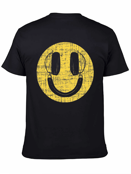 Retro Smiley Face Headphones Black T-Shirt