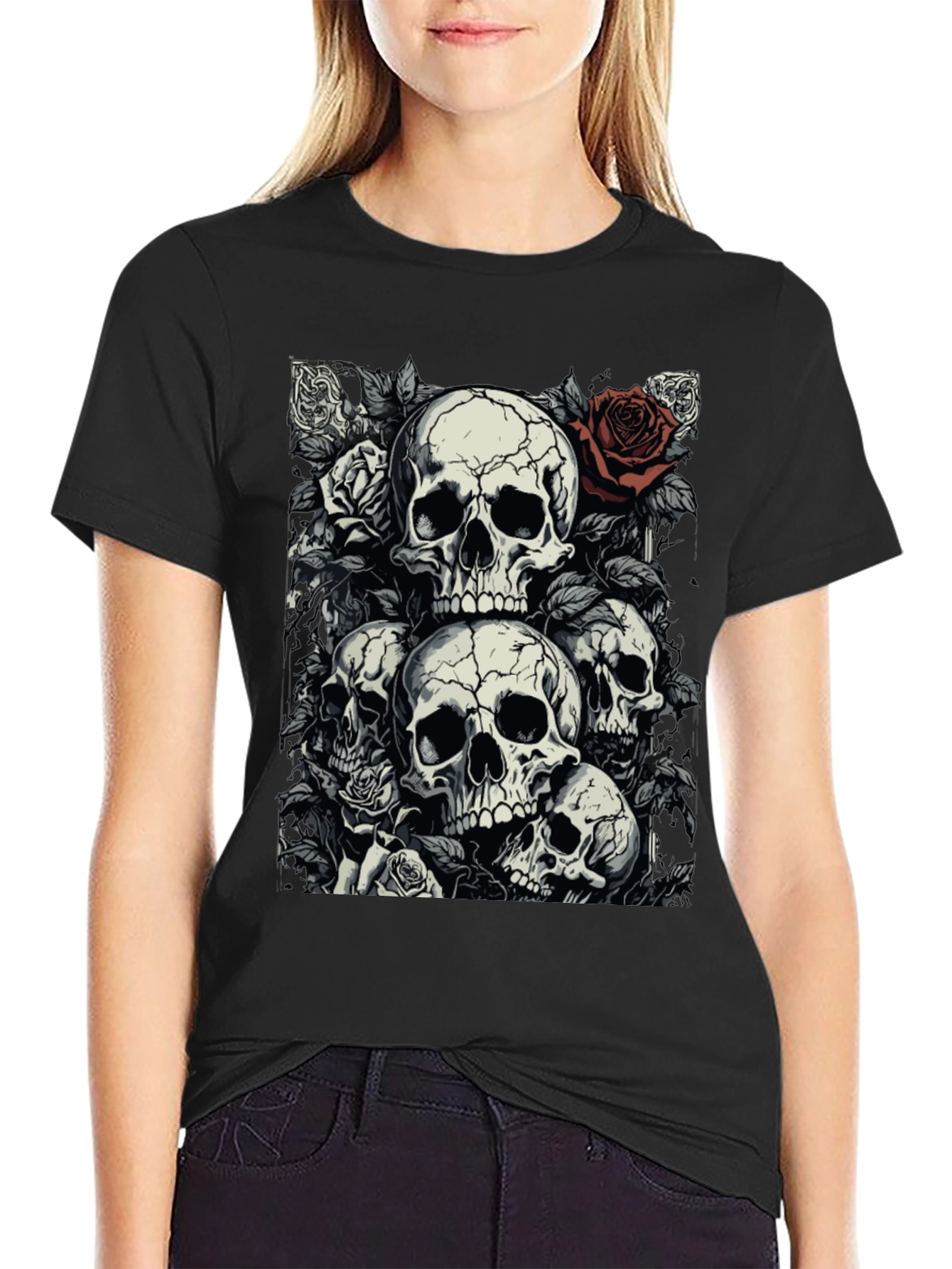 Skull & Roses Graphic Tee - Dark Aesthetic