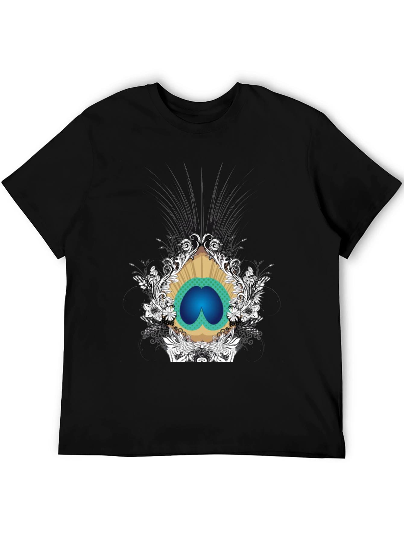 Stylish Black Tee with Peacock Eye Graphic