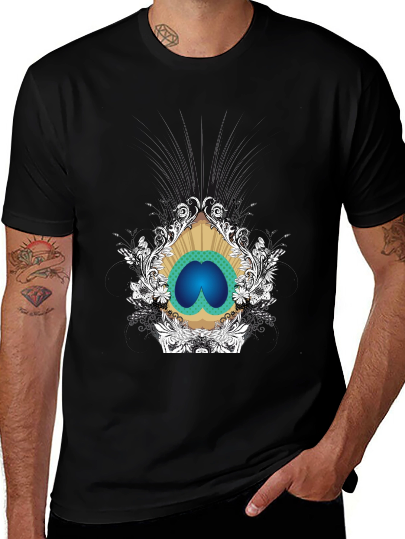 Stylish Black Tee with Peacock Eye Graphic