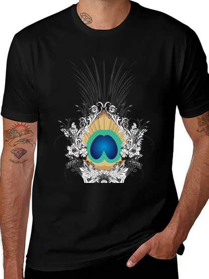 Stylish Black Tee with Peacock Eye Graphic