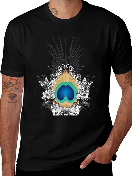 Stylish Black Tee with Peacock Eye Graphic