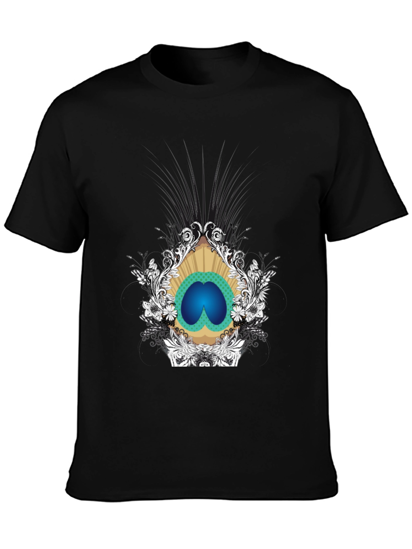 Stylish Black Tee with Peacock Eye Graphic