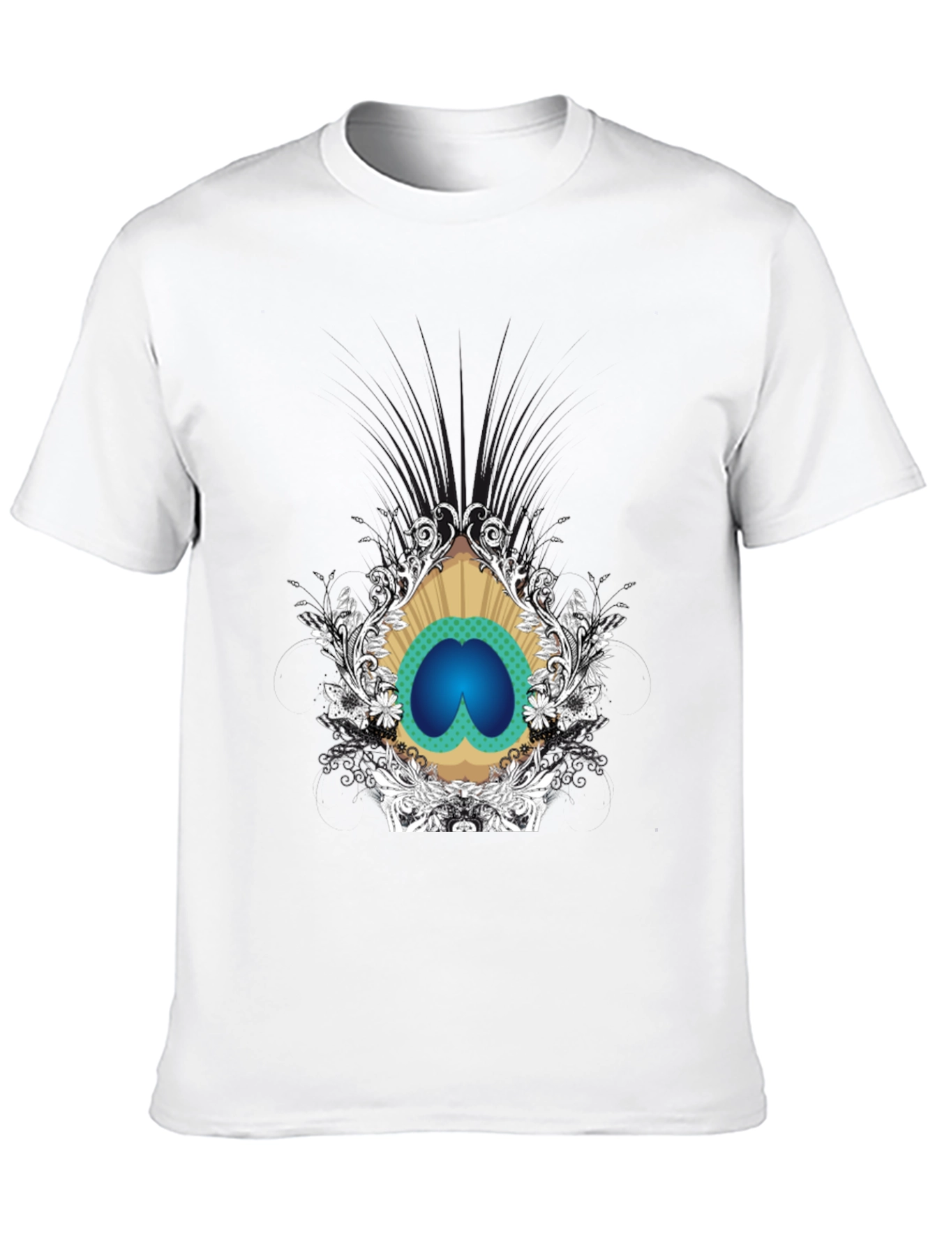 Stylish Black Tee with Peacock Eye Graphic