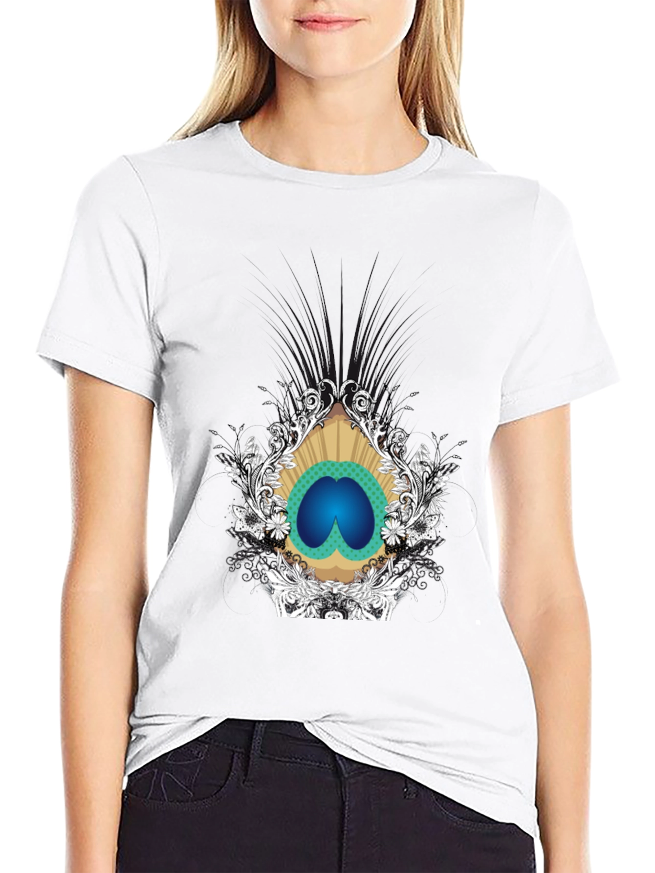 Stylish Black Tee with Peacock Eye Graphic