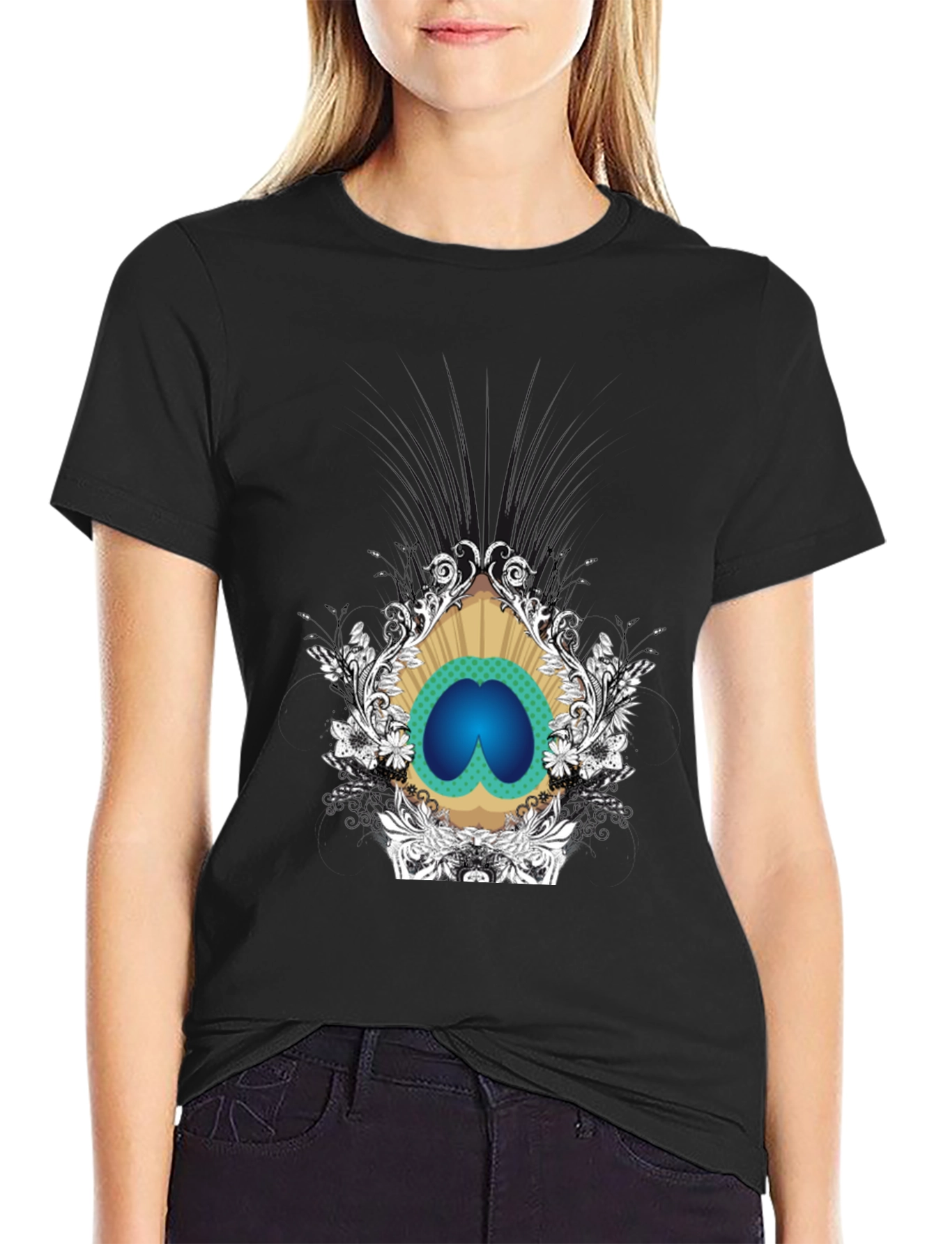 Stylish Black Tee with Peacock Eye Graphic