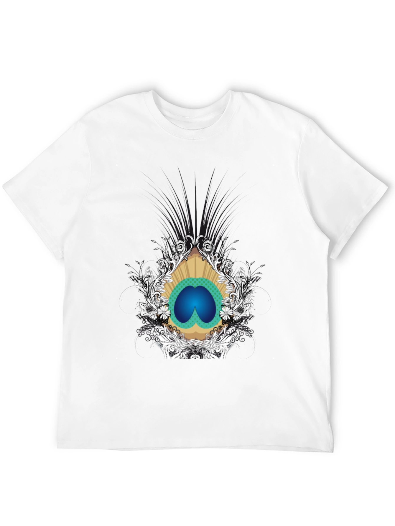 Stylish Black Tee with Peacock Eye Graphic
