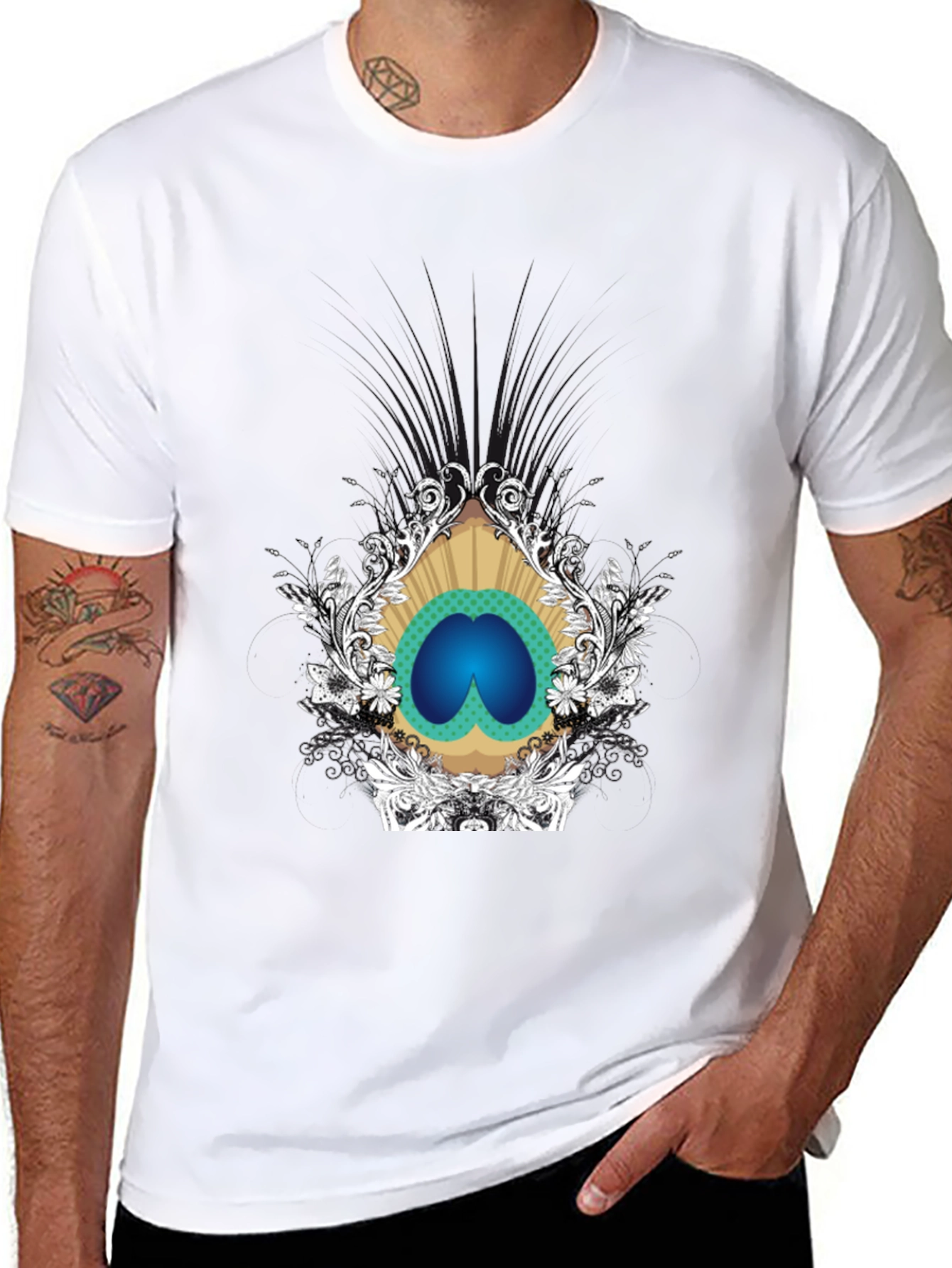 Stylish Black Tee with Peacock Eye Graphic
