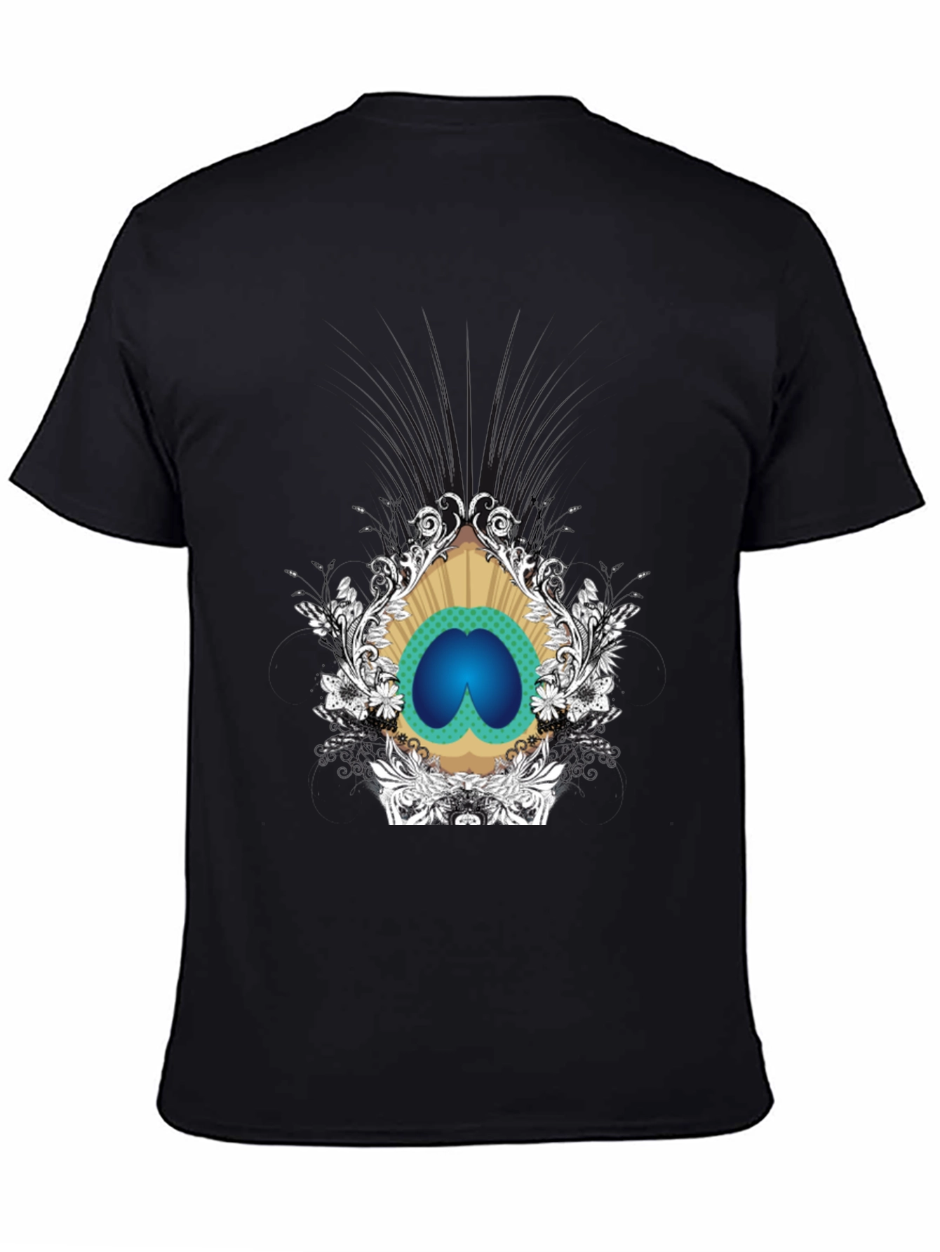 Stylish Black Tee with Peacock Eye Graphic