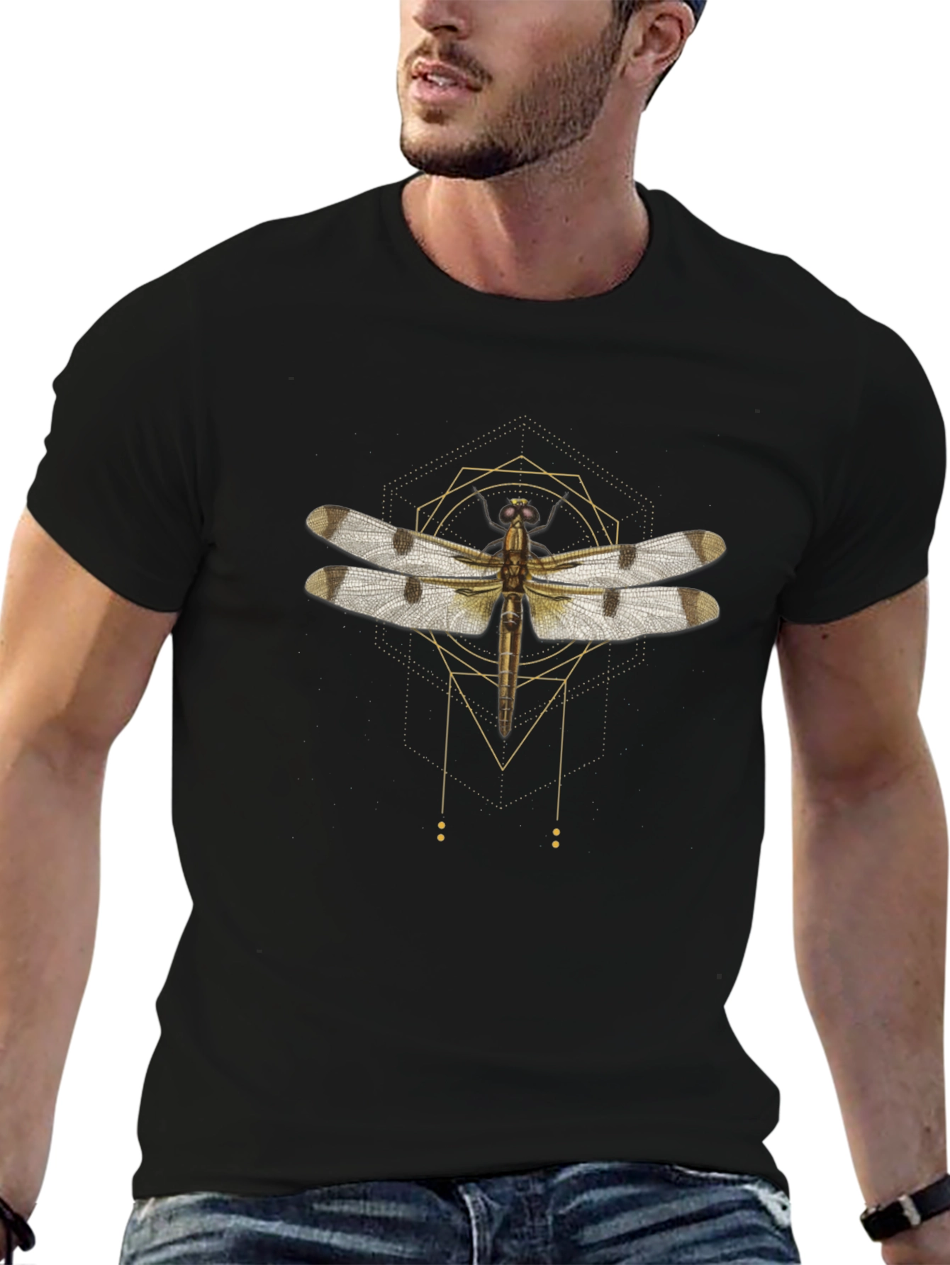 Geometric Dragonfly Graphic Tee - Stylish Mens Black T-Shirt