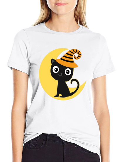 Halloween Cat Moon Graphic Tee - Spooky Season Shirt