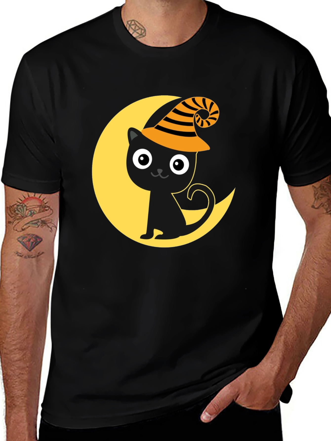 Halloween Cat Moon Graphic Tee - Spooky Season Shirt