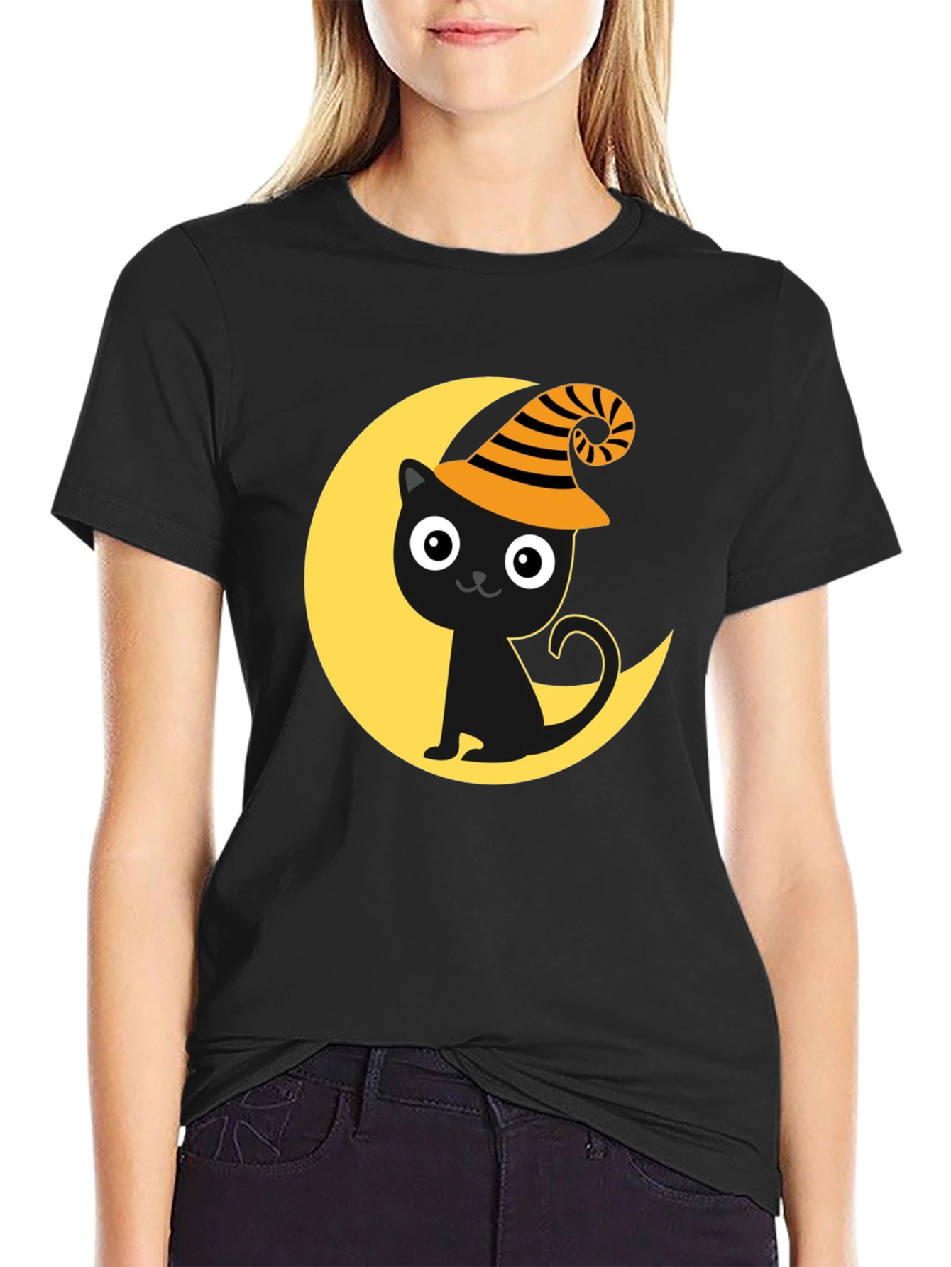 Halloween Cat Moon Graphic Tee - Spooky Season Shirt