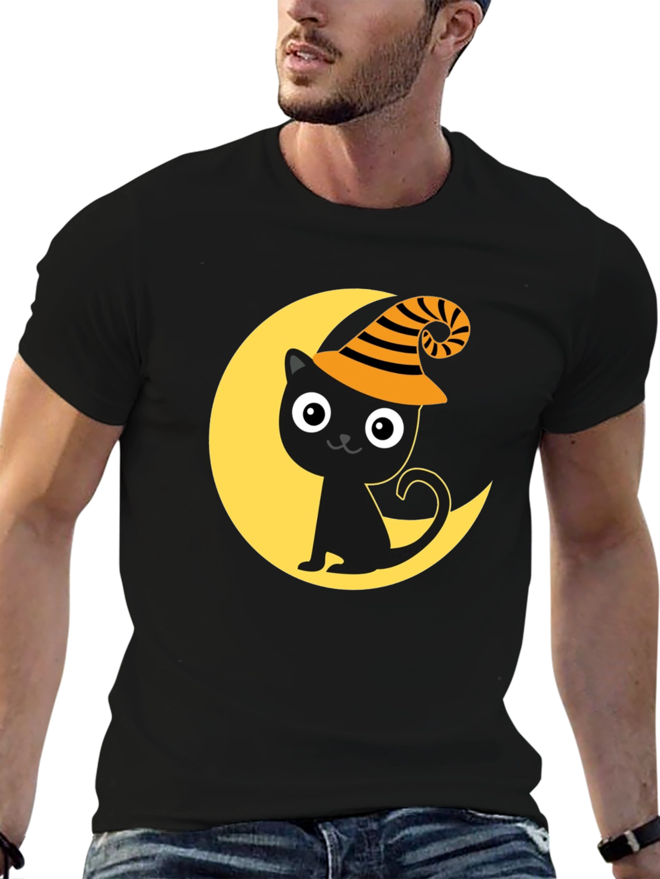 Halloween Cat Moon Graphic Tee - Spooky Season Shirt