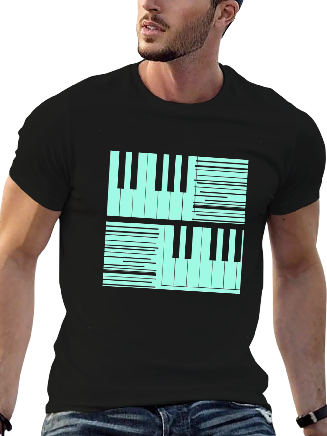 Cool Piano Keys Graphic Print Black T-Shirt