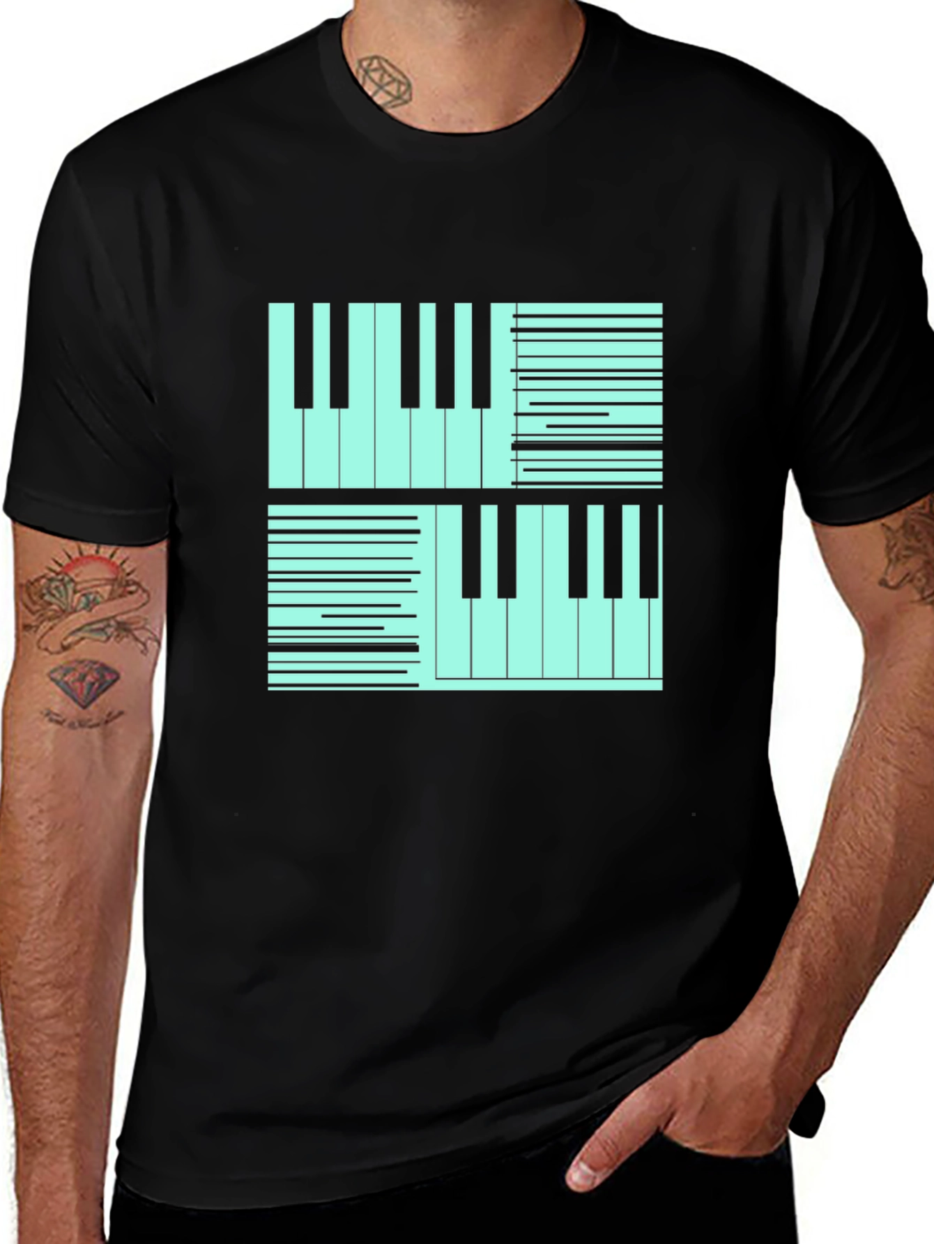 Cool Piano Keys Graphic Print Black T-Shirt