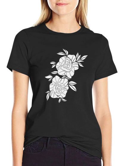 Black Graphic Tee with Floral Rose Design