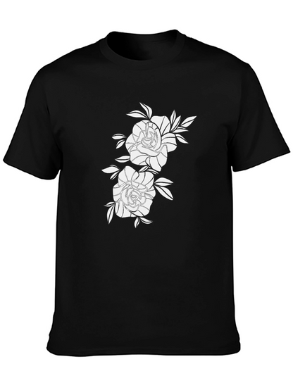 Black Graphic Tee with Floral Rose Design