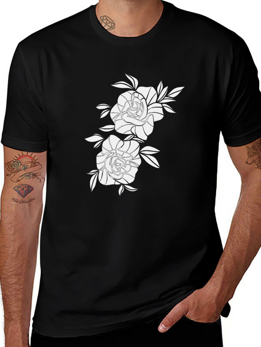 Black Graphic Tee with Floral Rose Design