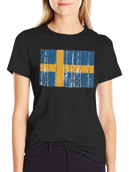 Swedish Flag Graphic Tee - Distressed Wood Style