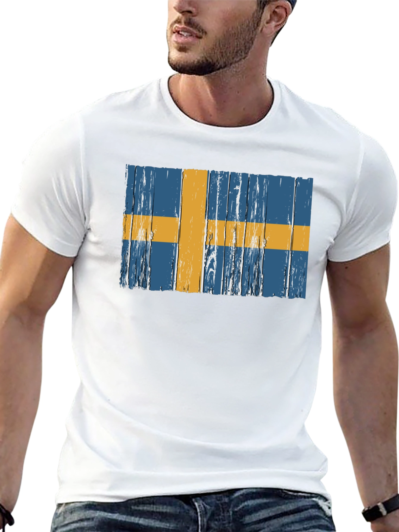 Swedish Flag Graphic Tee - Distressed Wood Style