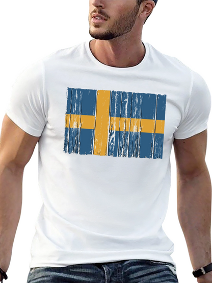 Swedish Flag Graphic Tee - Distressed Wood Style