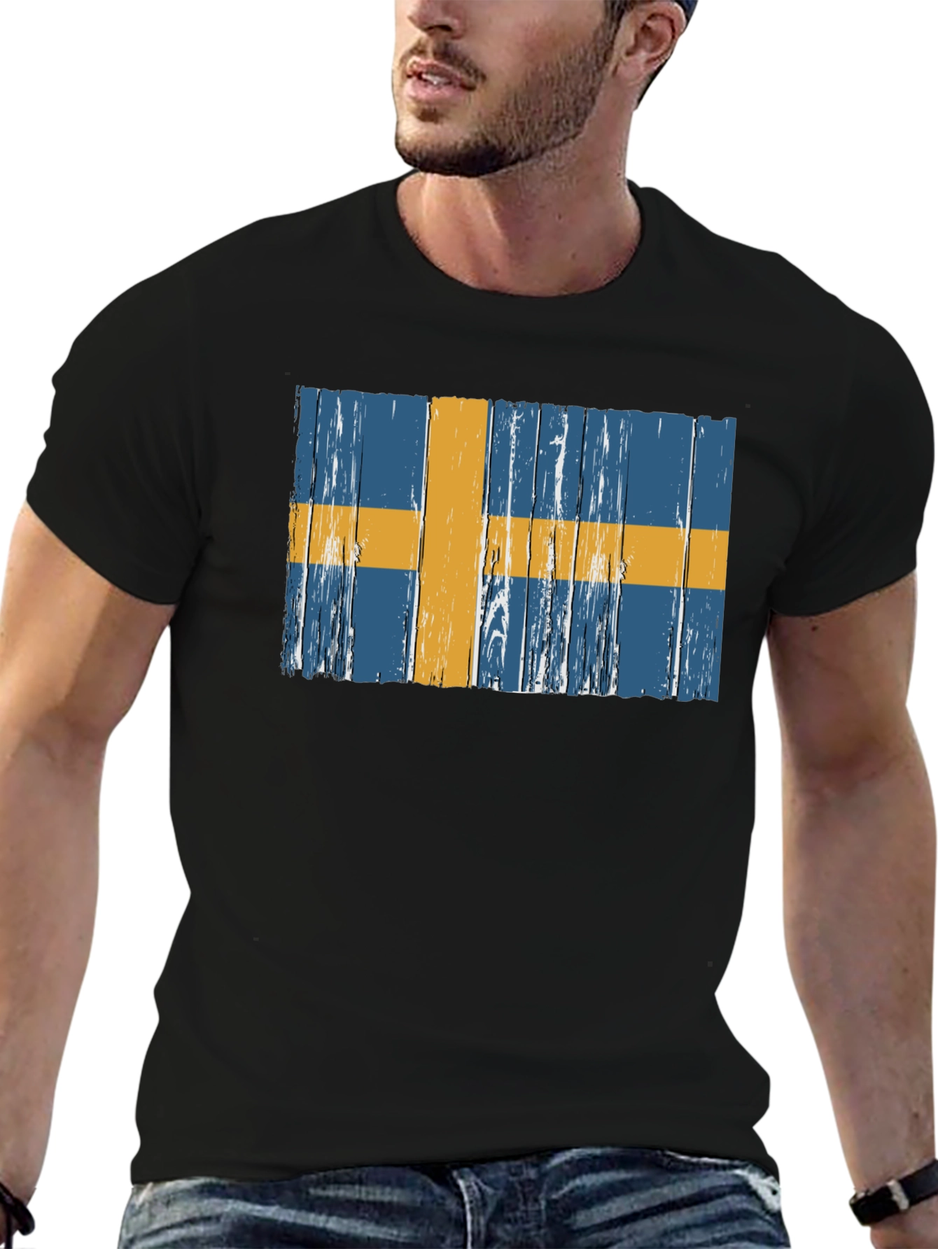 Swedish Flag Graphic Tee - Distressed Wood Style