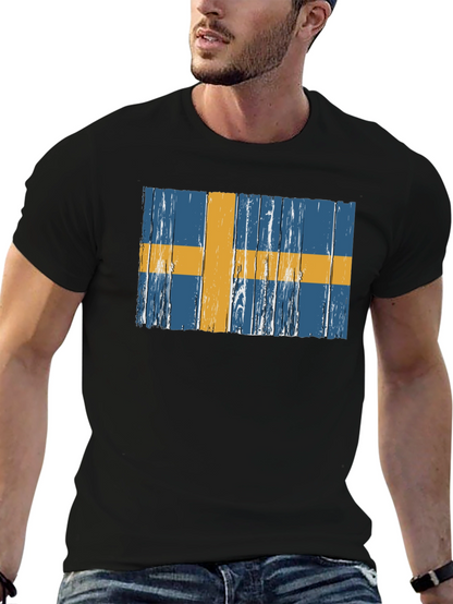 Swedish Flag Graphic Tee - Distressed Wood Style